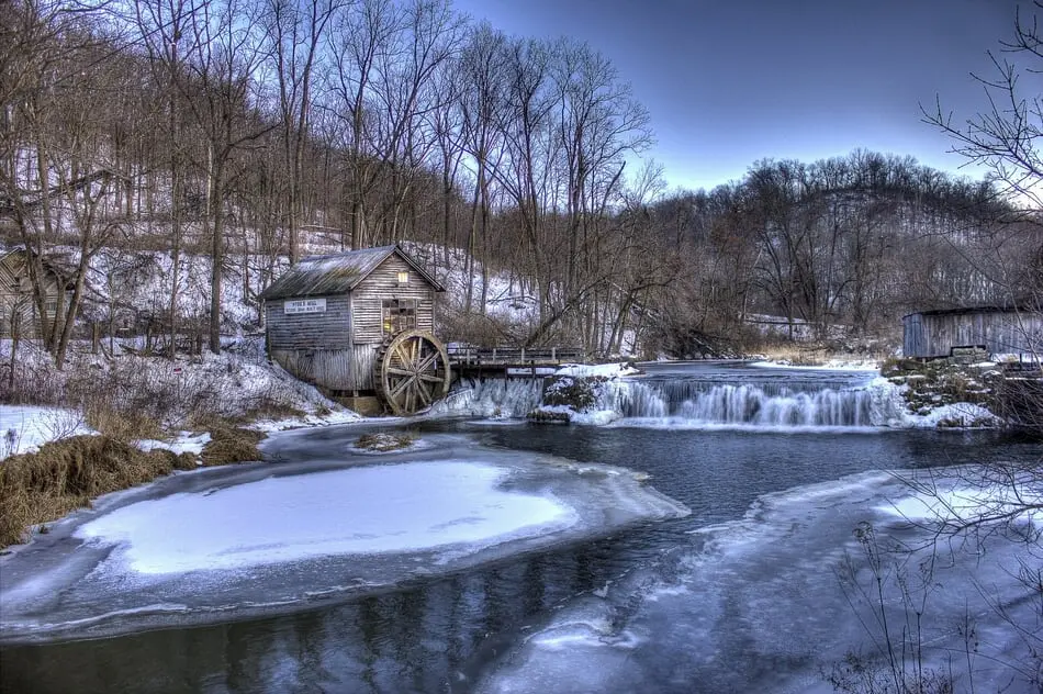 An isolated mill in Wisconsin during the winter.