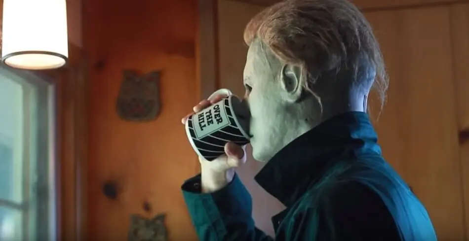 Michael Myers enjoying a cup of coffee.